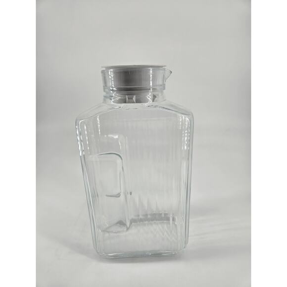 Vintage ARC France Ribbed Glass Pitcher W/ White Lid 2 Qt Retro Refrigerator Jug - Picture 3 of 11